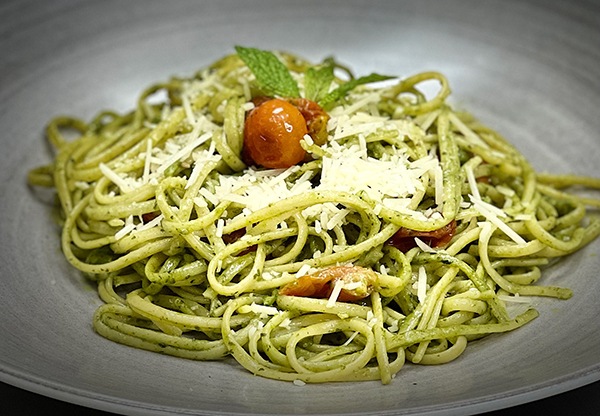 Linguine with Lemongrass Macadamia Nut Pesto & Roasted Cherry Tomato; Yield: 2 portions